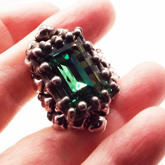 MOST UNIQUE SILVERY DIAMOND LINK - MASSIVE GREENISH BLUE CRYSTAL SZ 6 RING BR